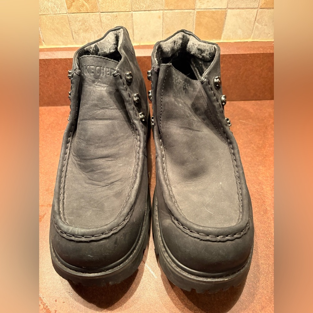 Skechers Mens Black Leather Ankle Boots Moc Toe Lace‎ Up Casual Work